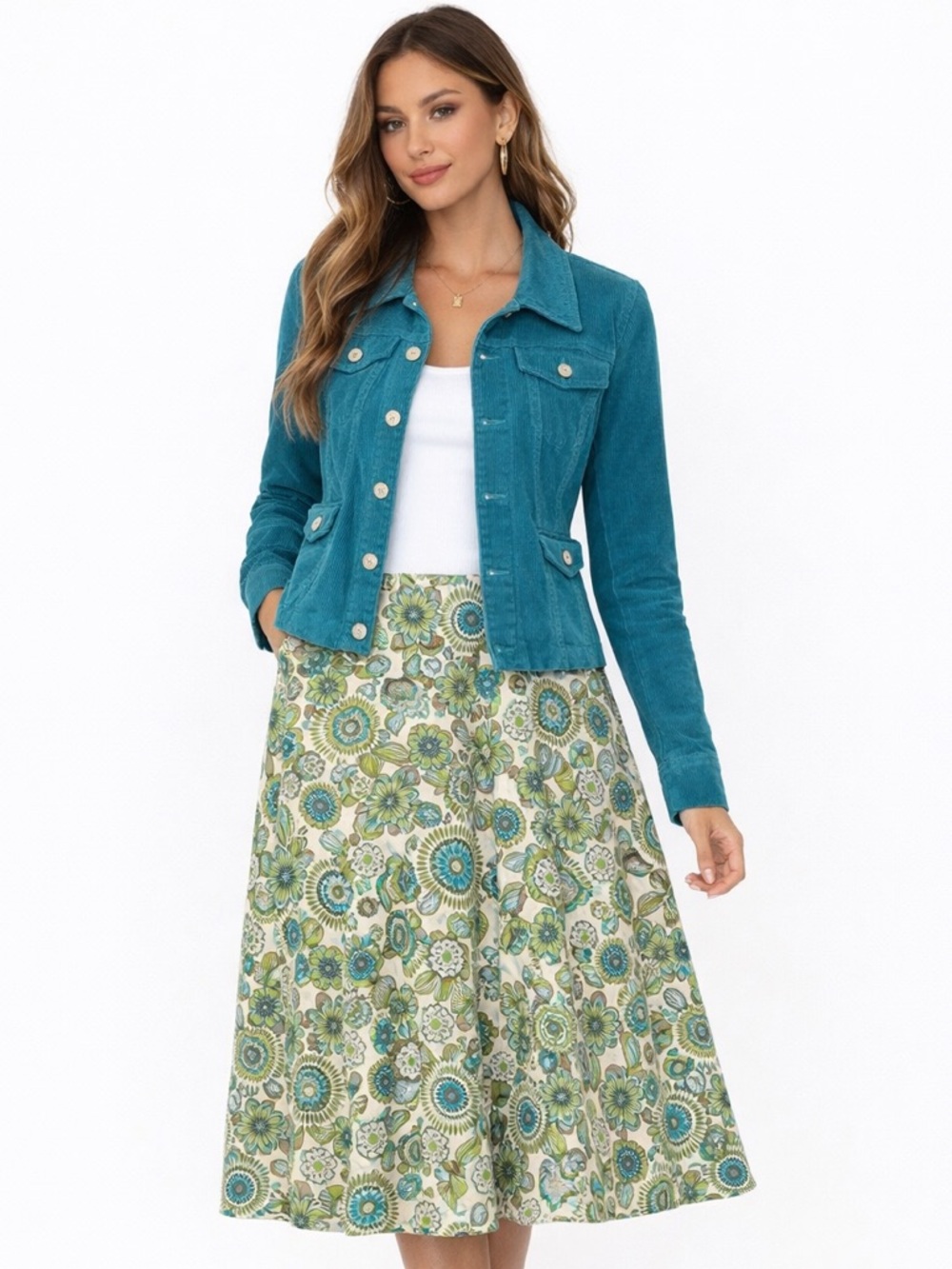 Y2K Christopher & Banks Floral A-Line Midi Skirt Green & Blue Retro Size 12 P